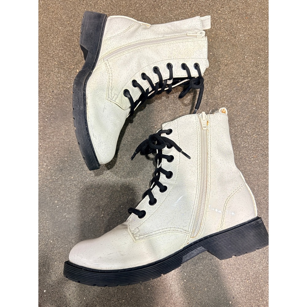 Wonder Nation Kids White Glitter Combat Boots Lace Up Side Zip Size 3 - Picture 5 of 6